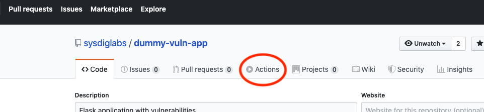 GitHub actions tab