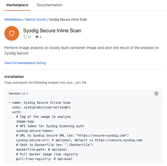 Detail of the Sysdig secure inline scan, with the usage instructions