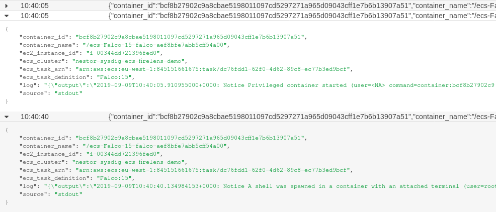 Detail of one message read from falco in JSON format